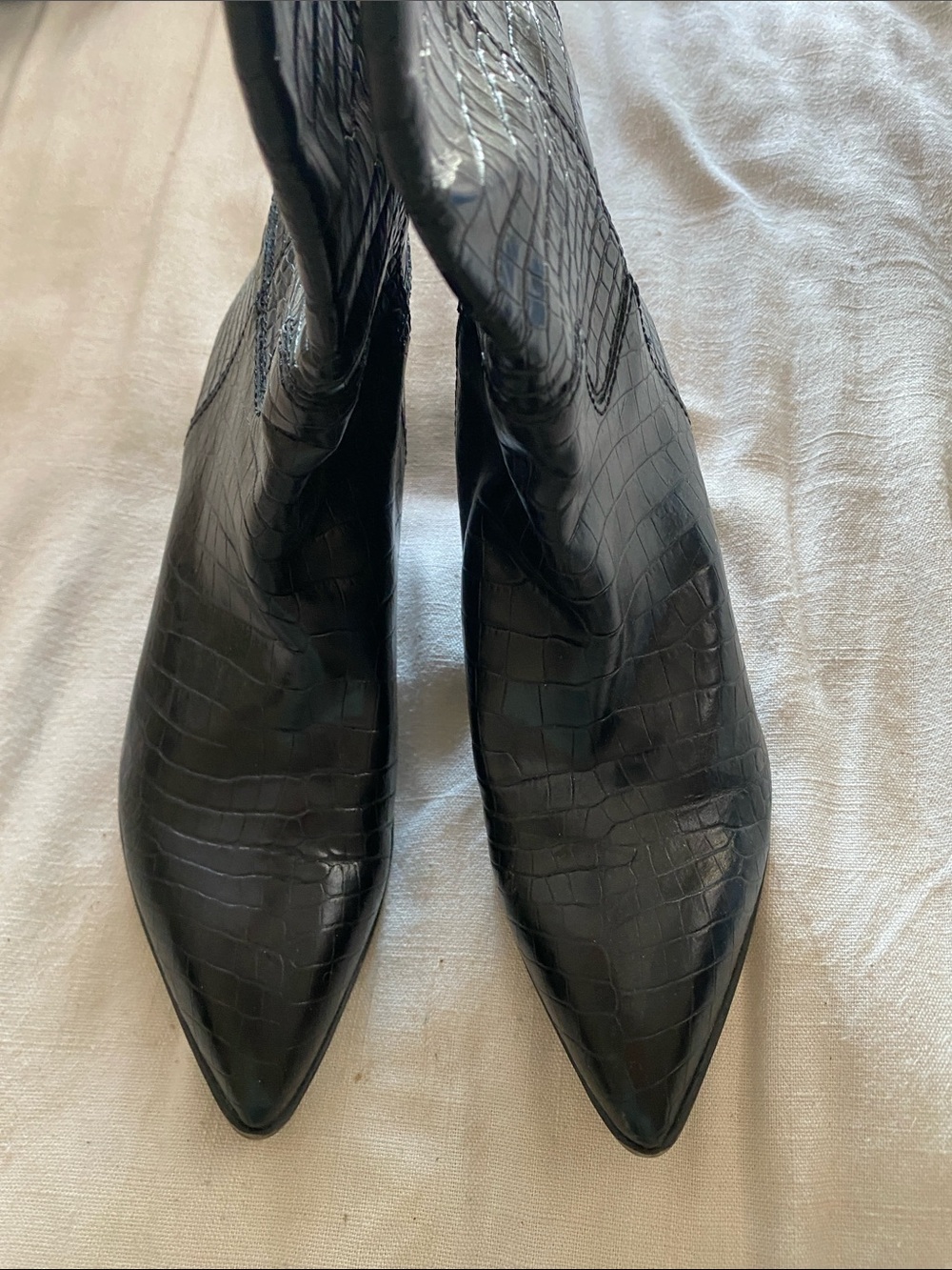 Franco Sarto Black Croc-Embossed Pointed Toe Heeled Boots